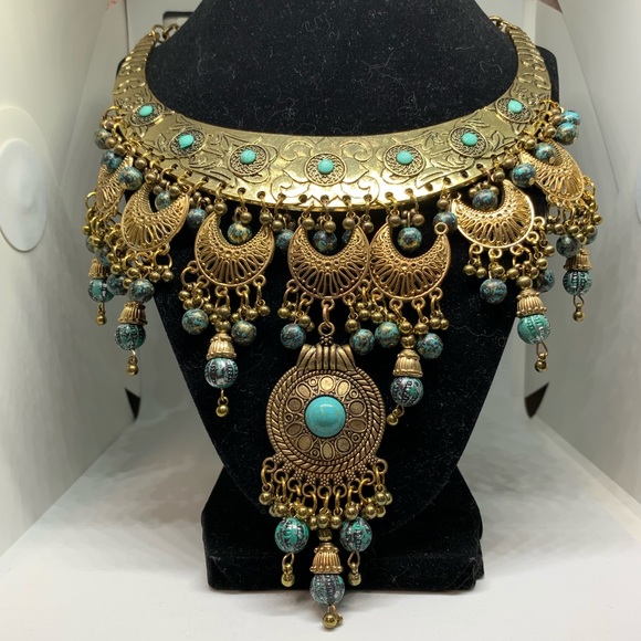 Jewelry - $389 Boho gypsy Mardi Gras turquoise cleopatra statement necklace